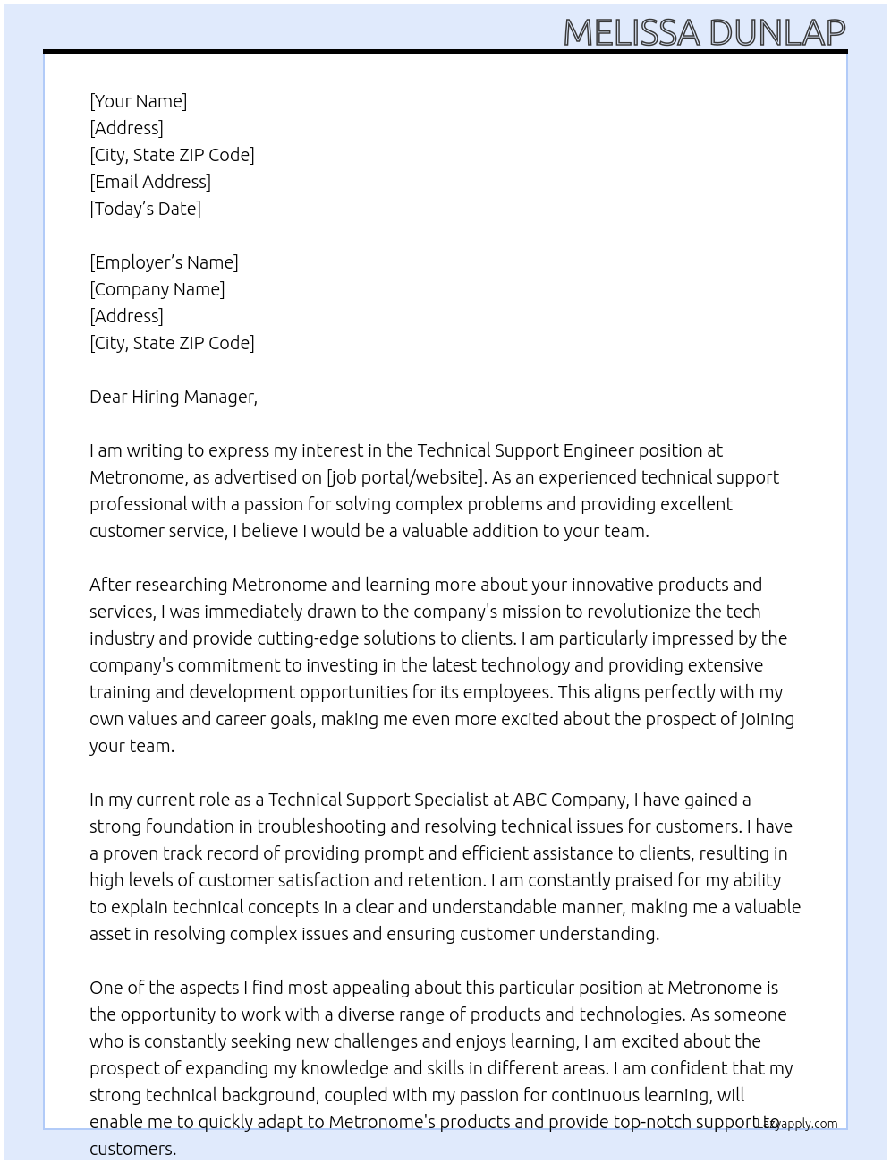 Technical Support Engineer At Metronome Cover Letter