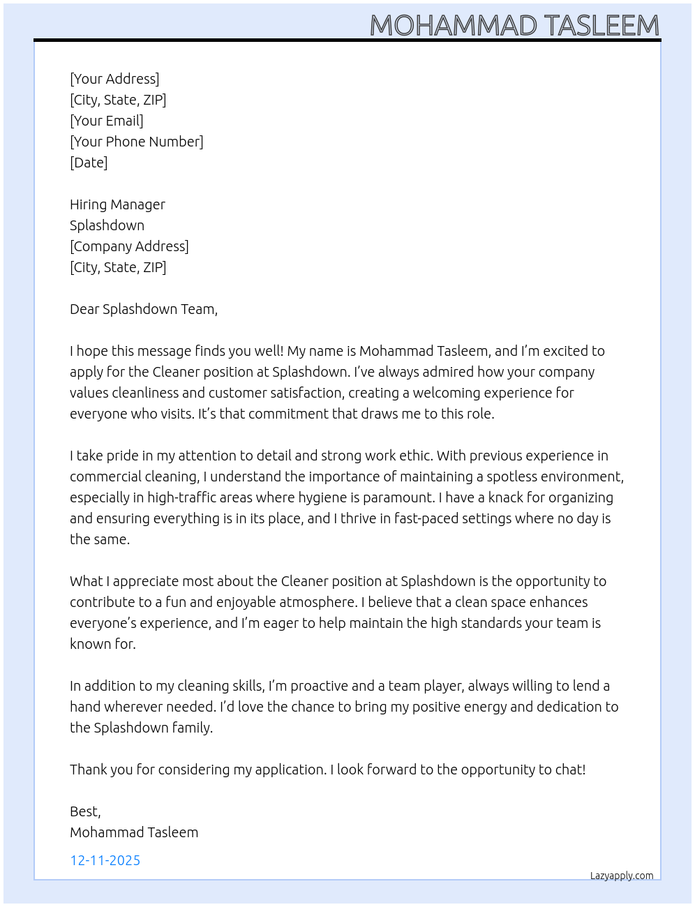Cleaner  At Splashdown Cover Letter