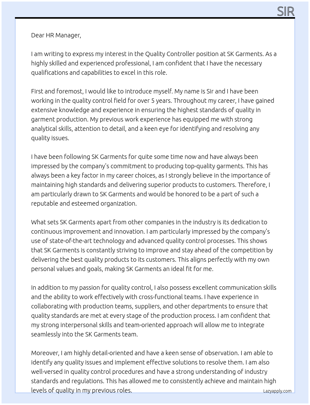 Quality controller At SK Garments Cover Letter