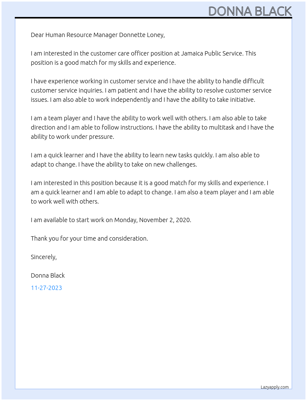 customer care officer At Jamaica Public Service Cover Letter