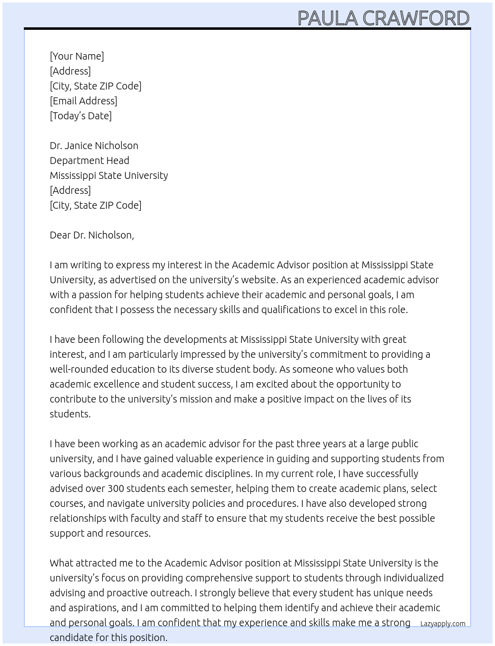 Academic Advisor At Mississippi State Univeristy Cover Letter