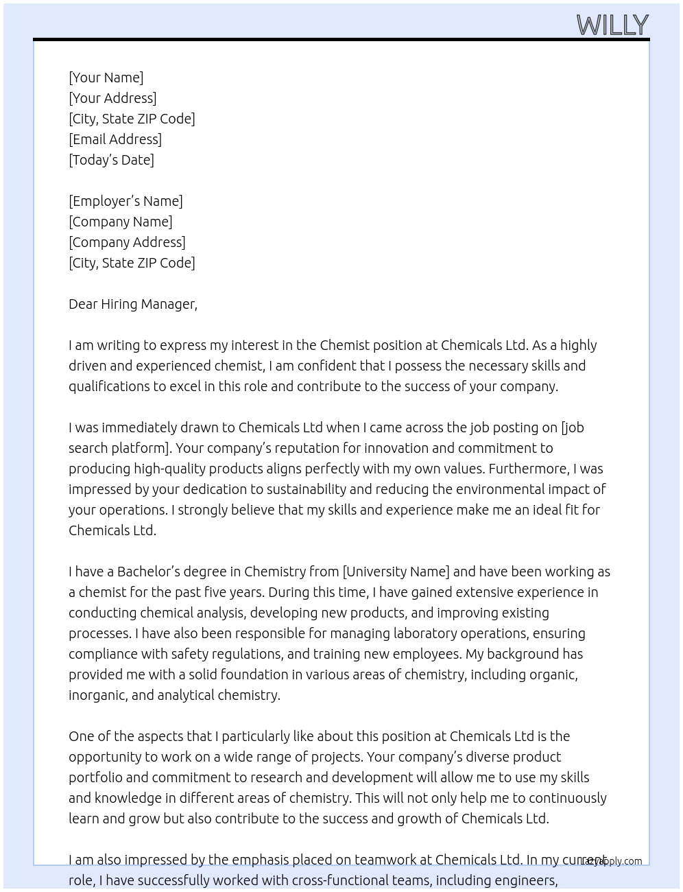 chemist At chemicals ltd Cover Letter