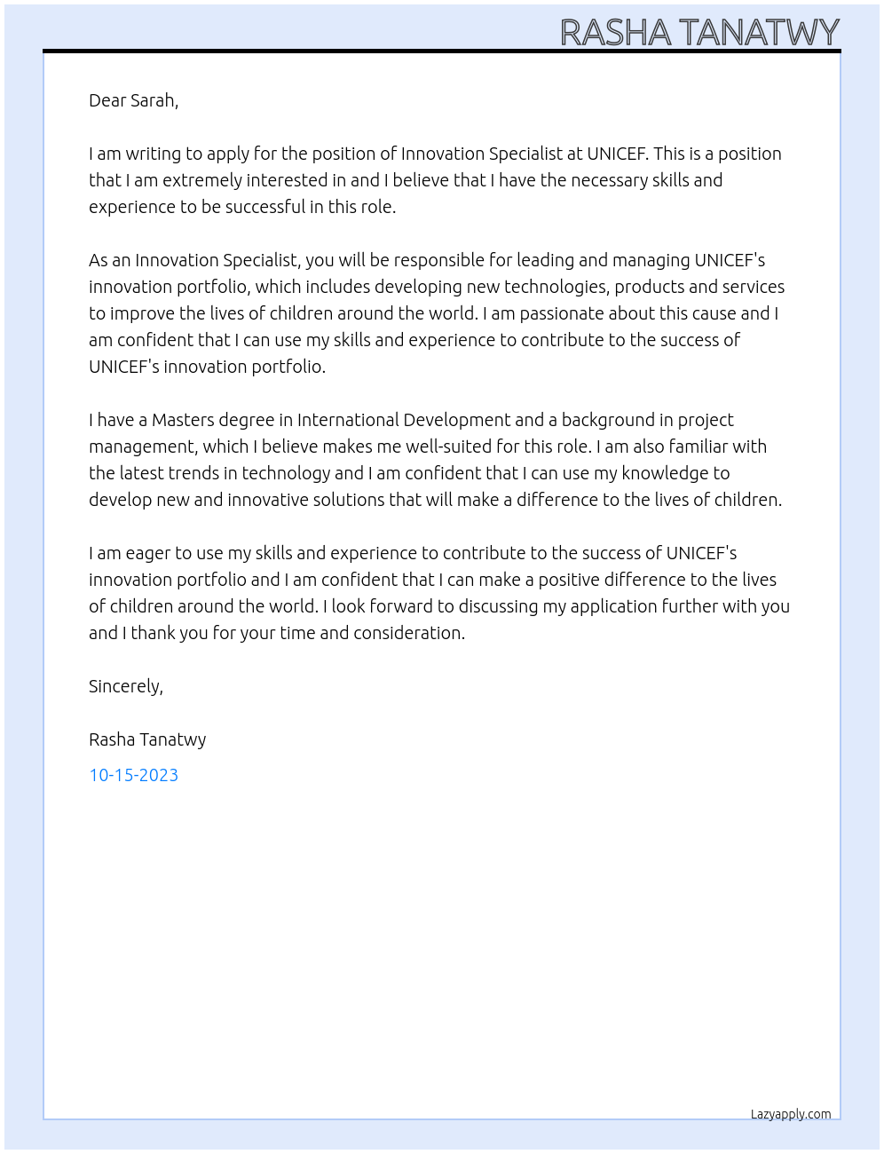 Innovation Specialist  At UNICEF Cover Letter