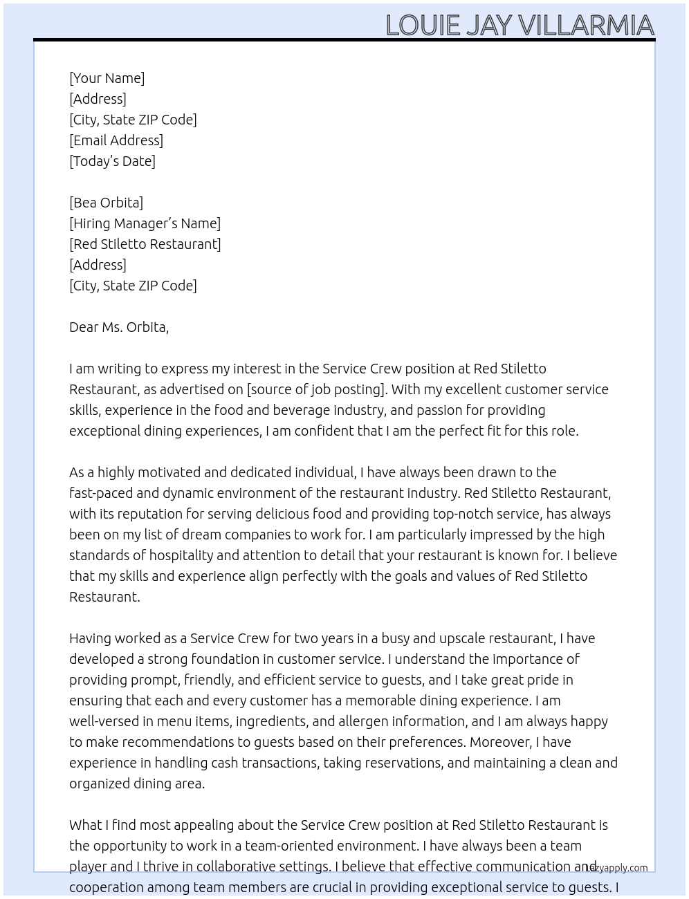 Service Crew At Red Stiletto Restaurant Cover Letter