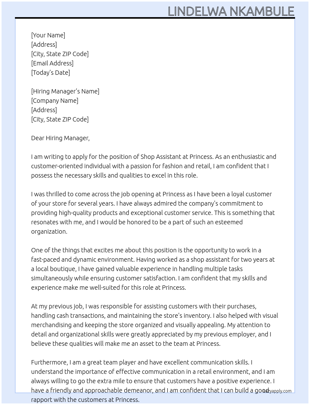 shop assistant At princess Cover Letter