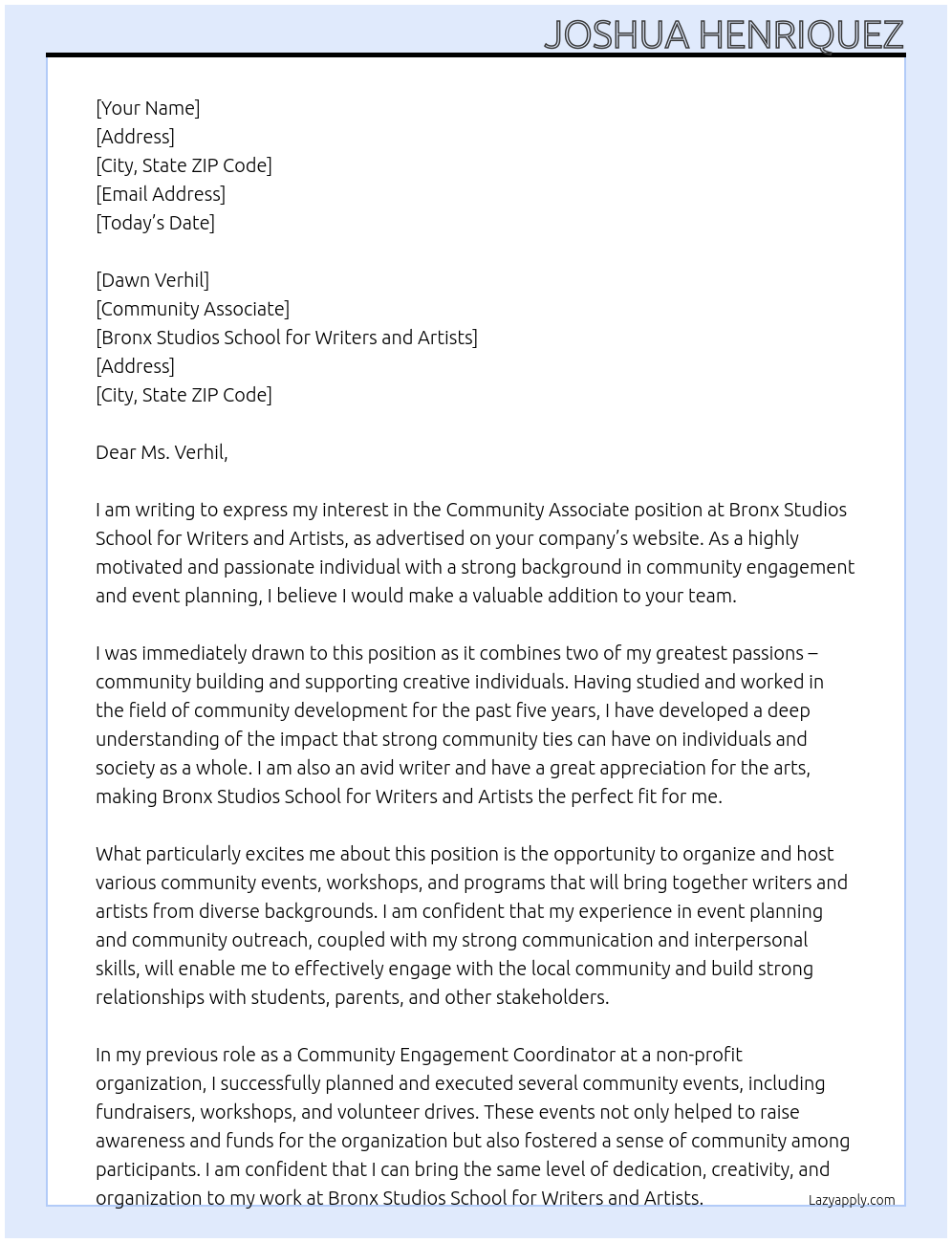 Community Associate  At Bronx Stuidos School for Writers and Artist Cover Letter