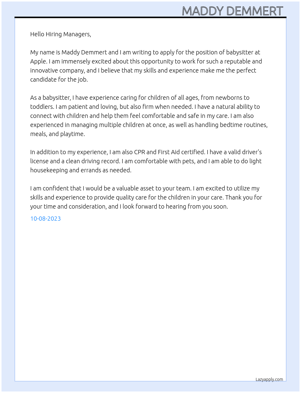Babysitter At Apple Cover Letter