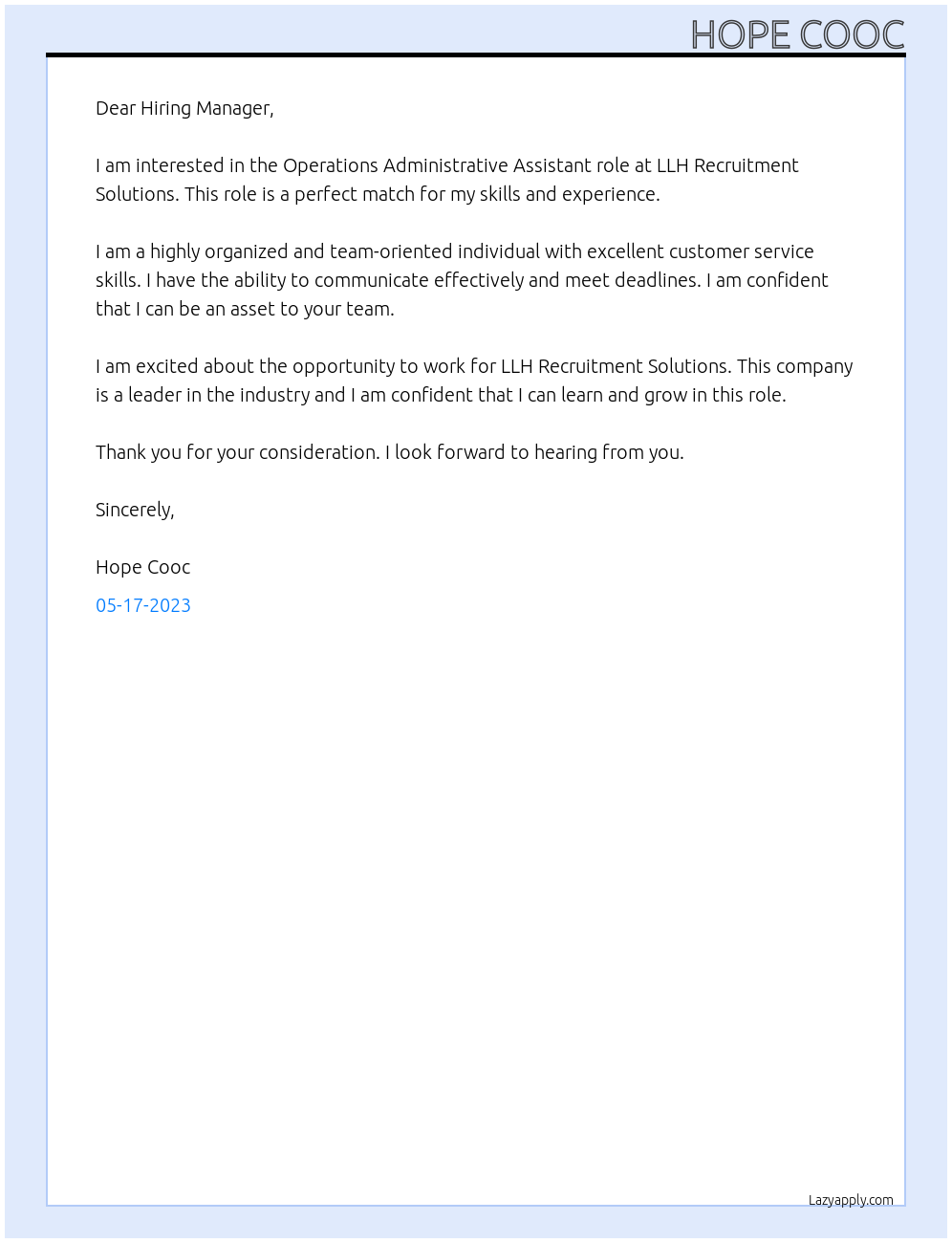 Operations Administrative Assistant  At LLH Recruitment Solutions Cover Letter