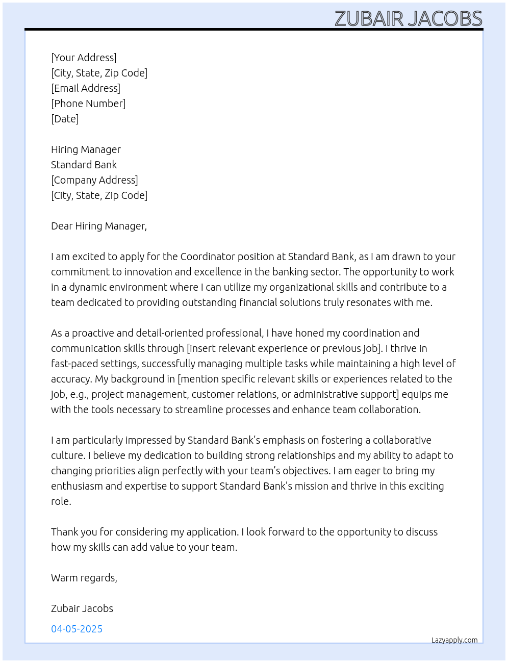 Coordinator At Standard Bank Cover Letter