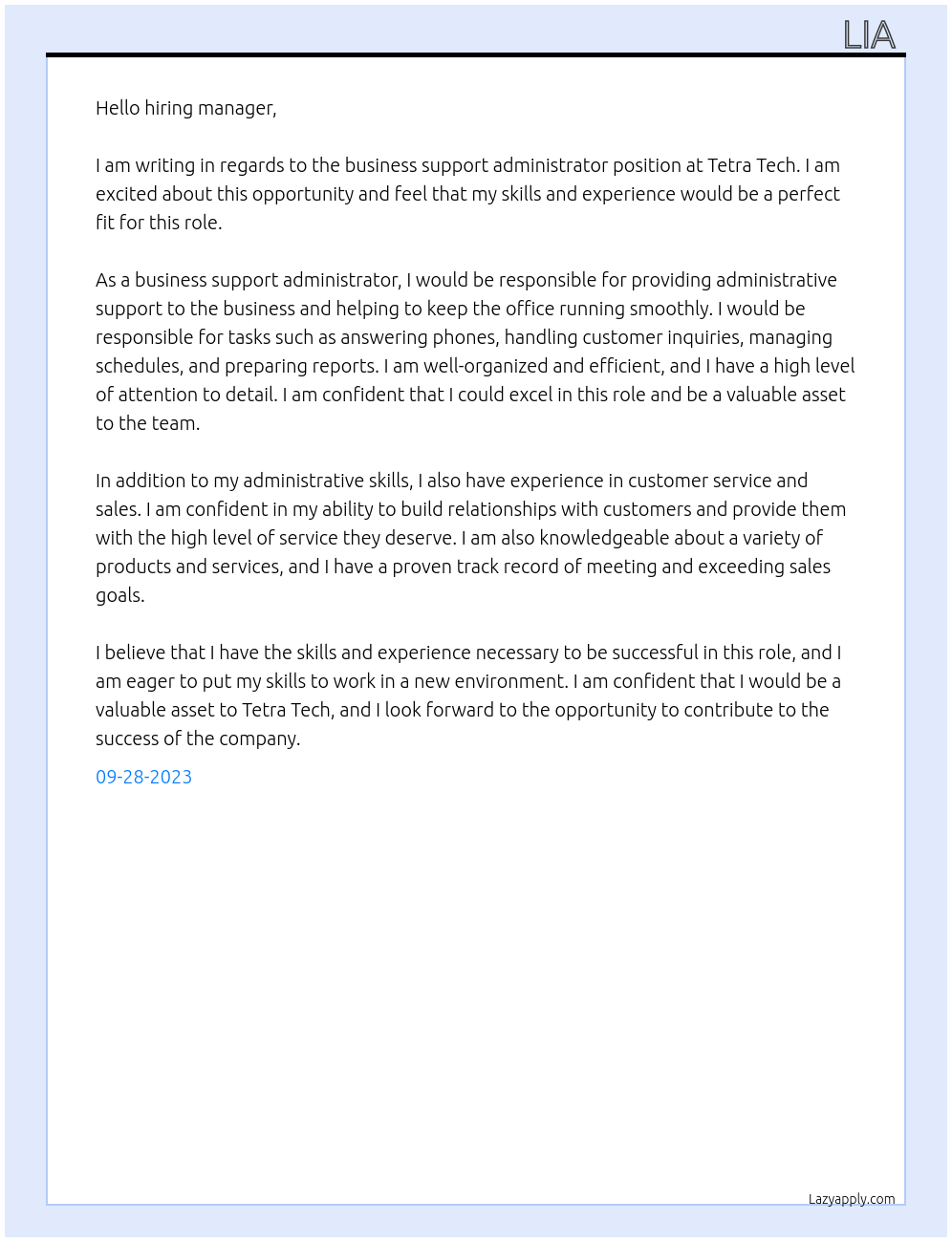 business support administrator At Tetra Tech Cover Letter