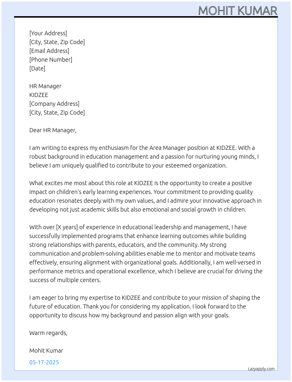 Area Manager At KIDZEE Cover Letter