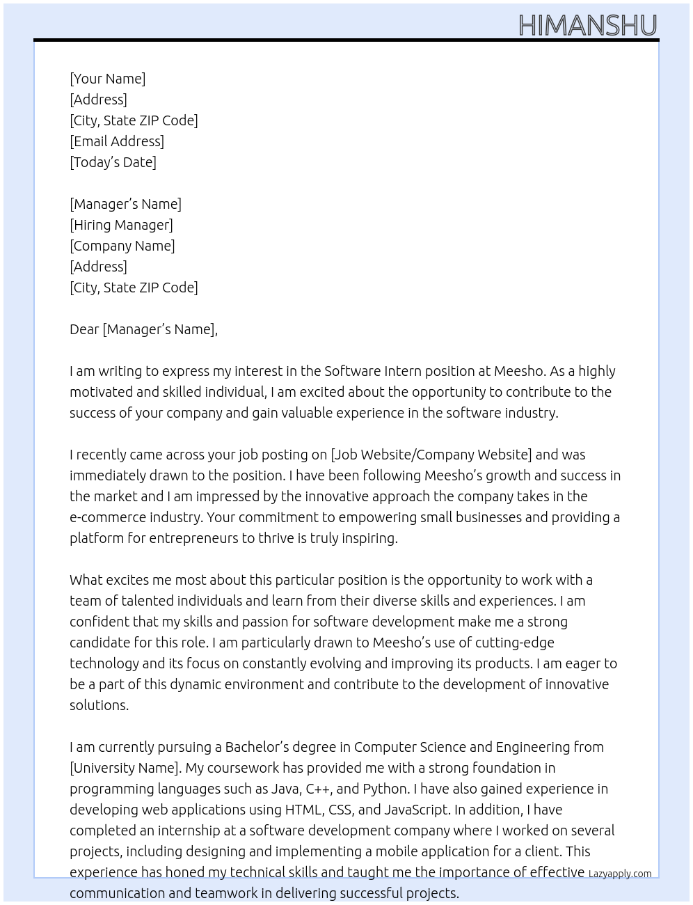 software Intern At Meesho Cover Letter