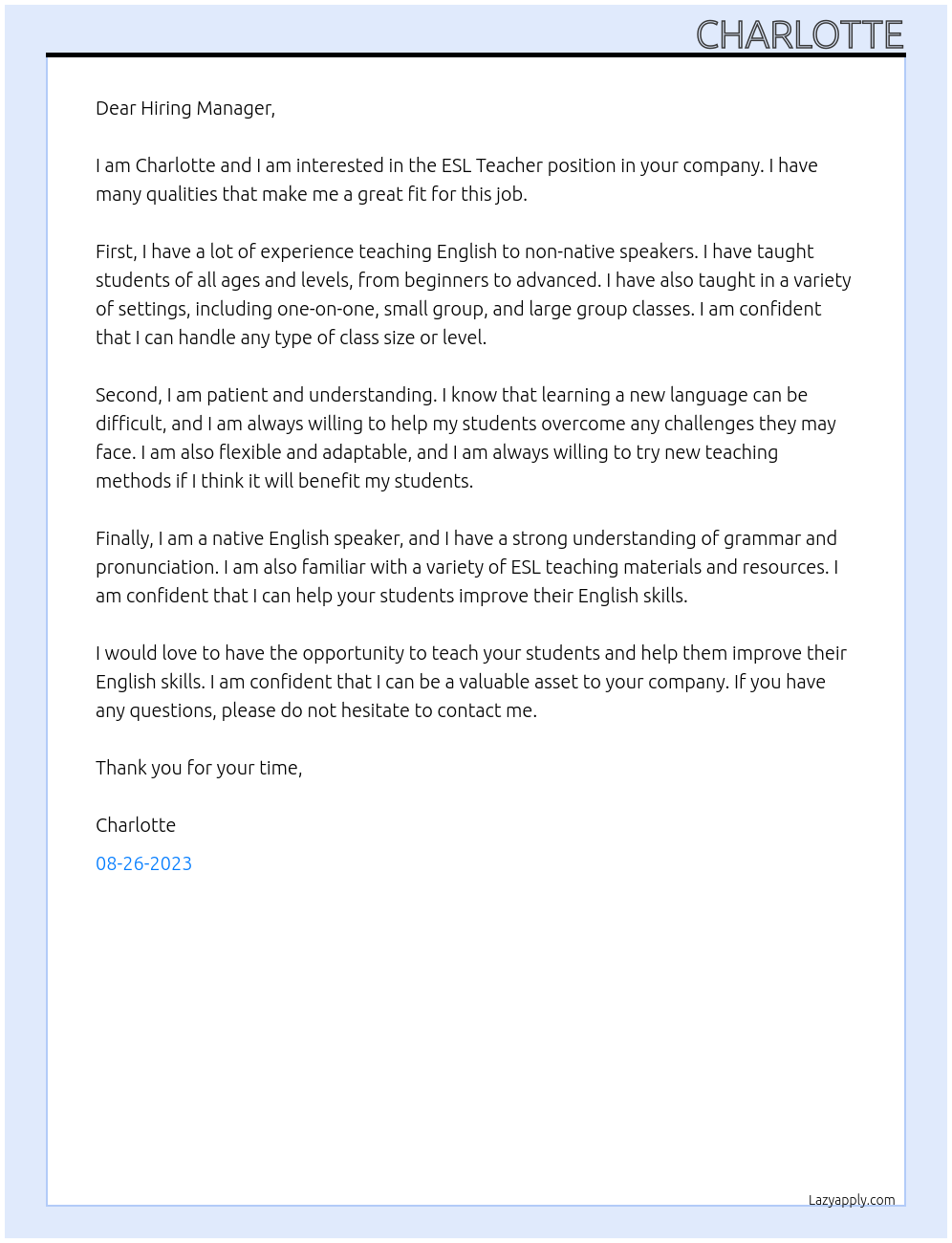 ESL Teacher At Any company Cover Letter