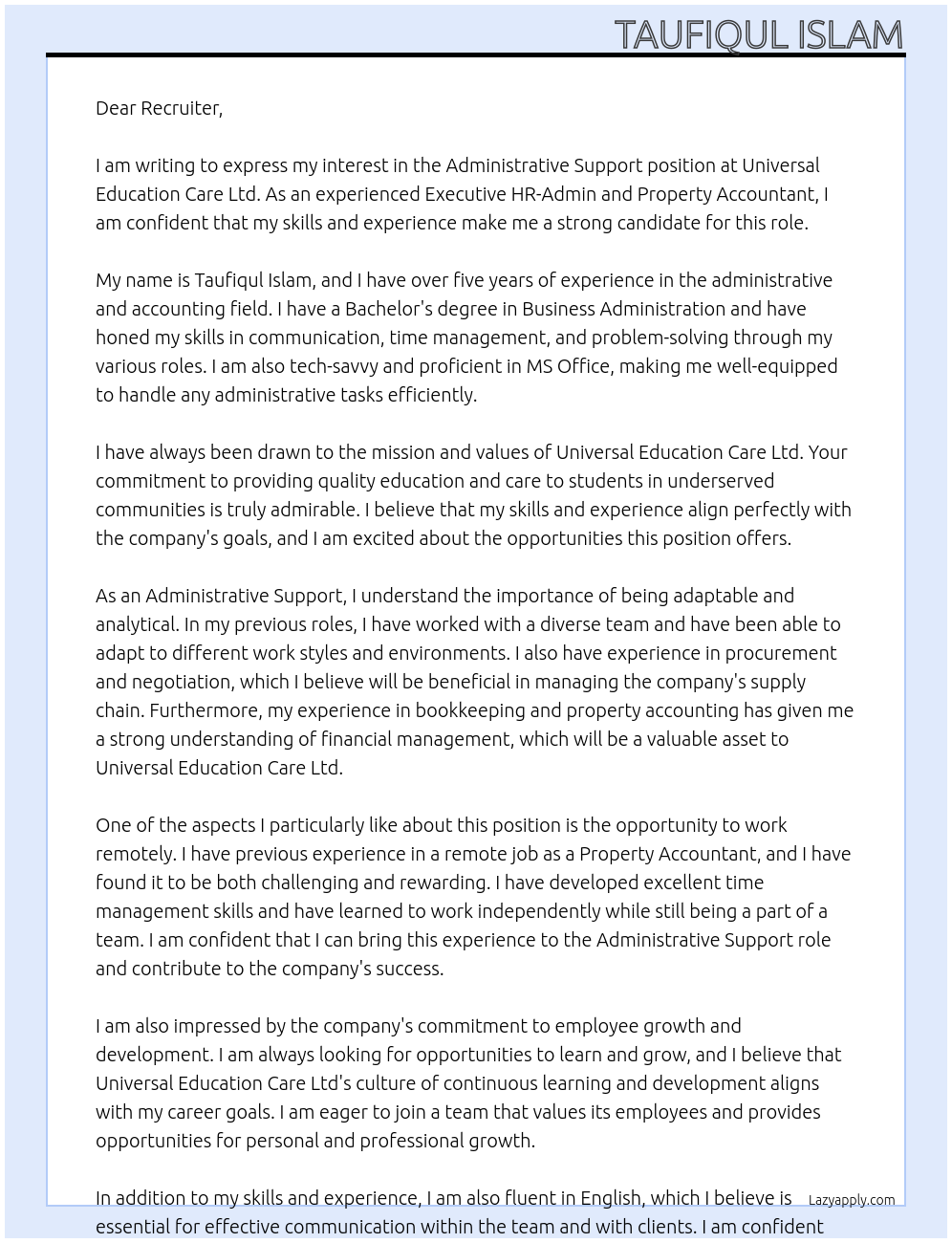 Administrative Support At Universal Education Care Ltd Cover Letter