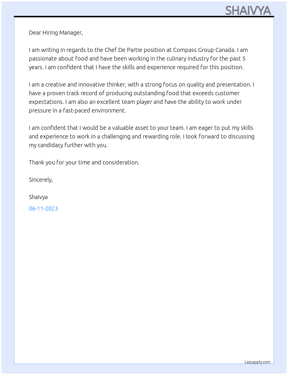 Chef De Partie At Compass Group Canada Cover Letter