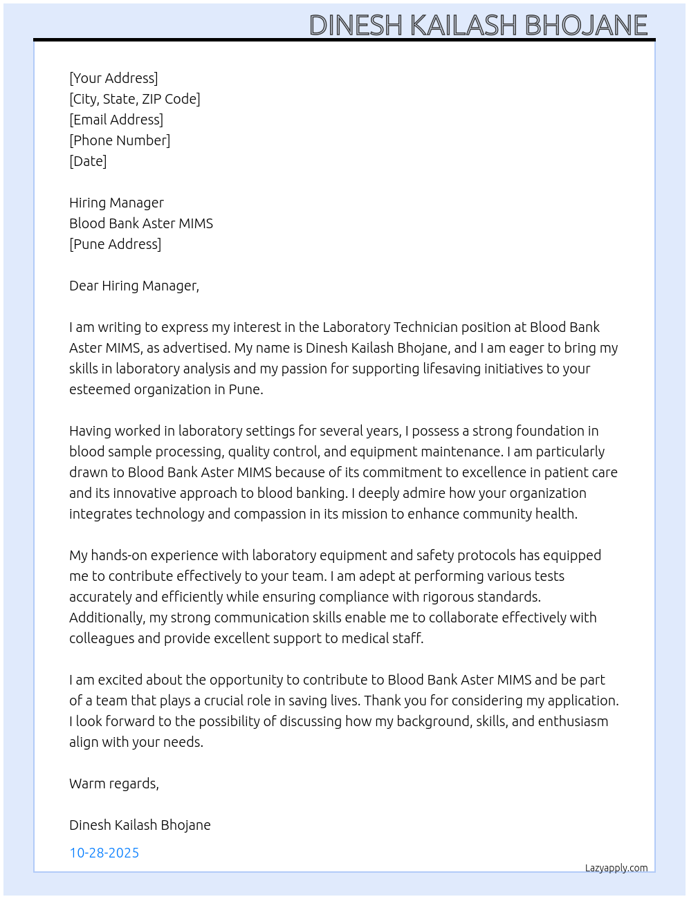 Laboratory technician At Blood bank Aster MIMS Cover Letter