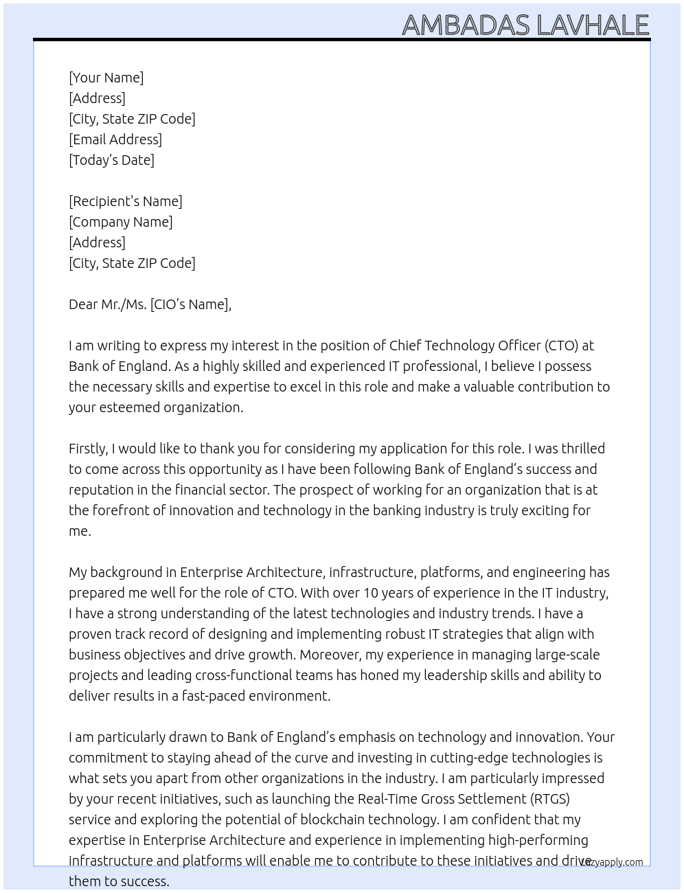 CTO At Bank of england  Cover Letter