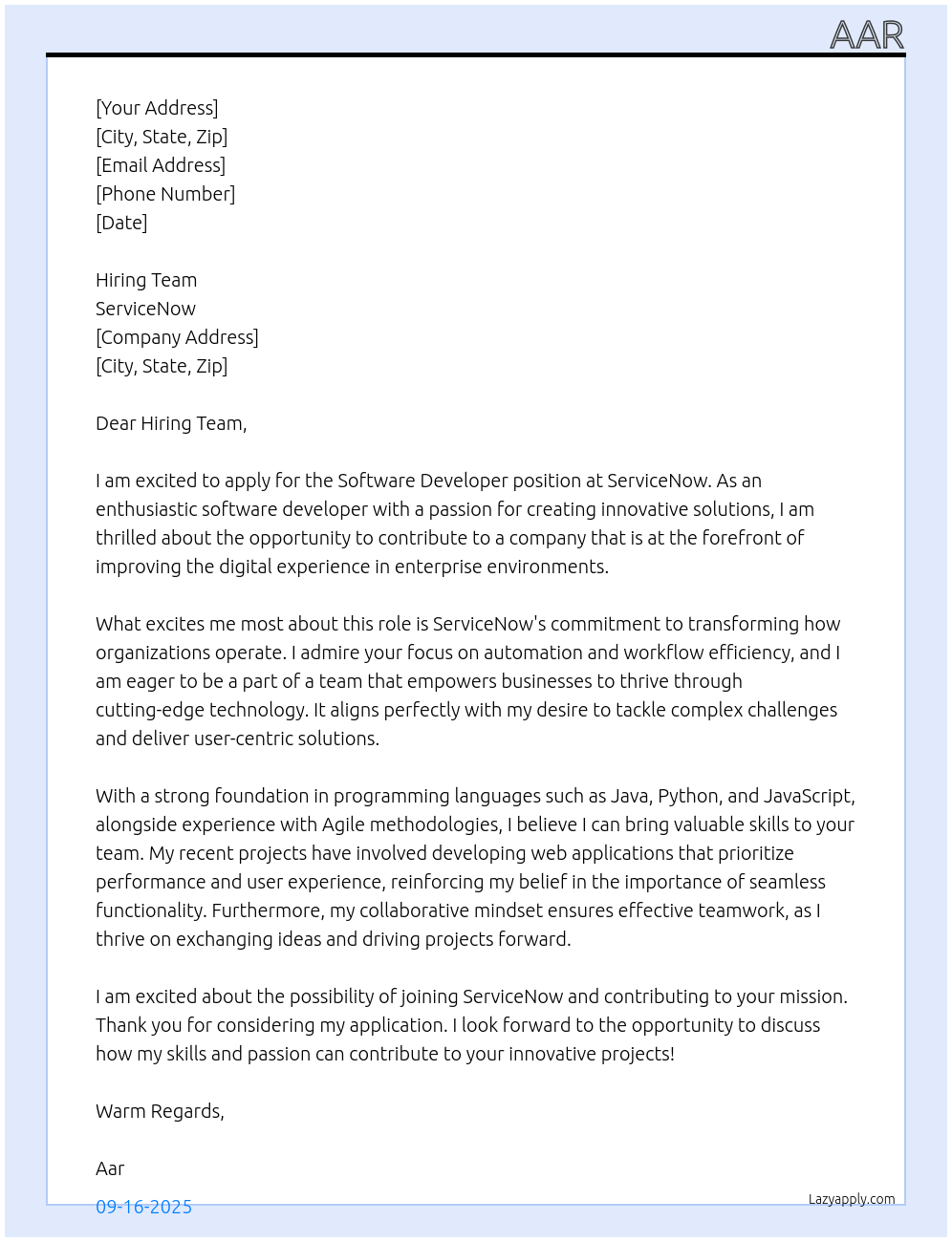 software developer At service now Cover Letter