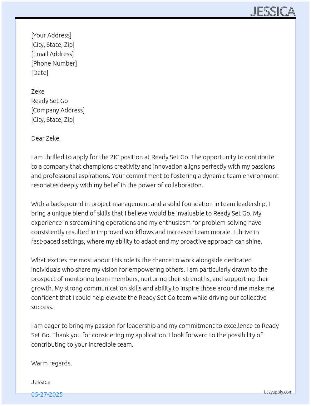 2IC At Ready Set Go Cover Letter