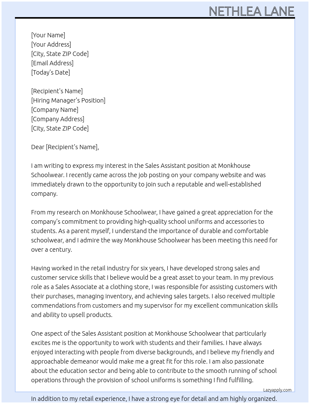 Sale assistant At Monkhouse schoolwear Cover Letter