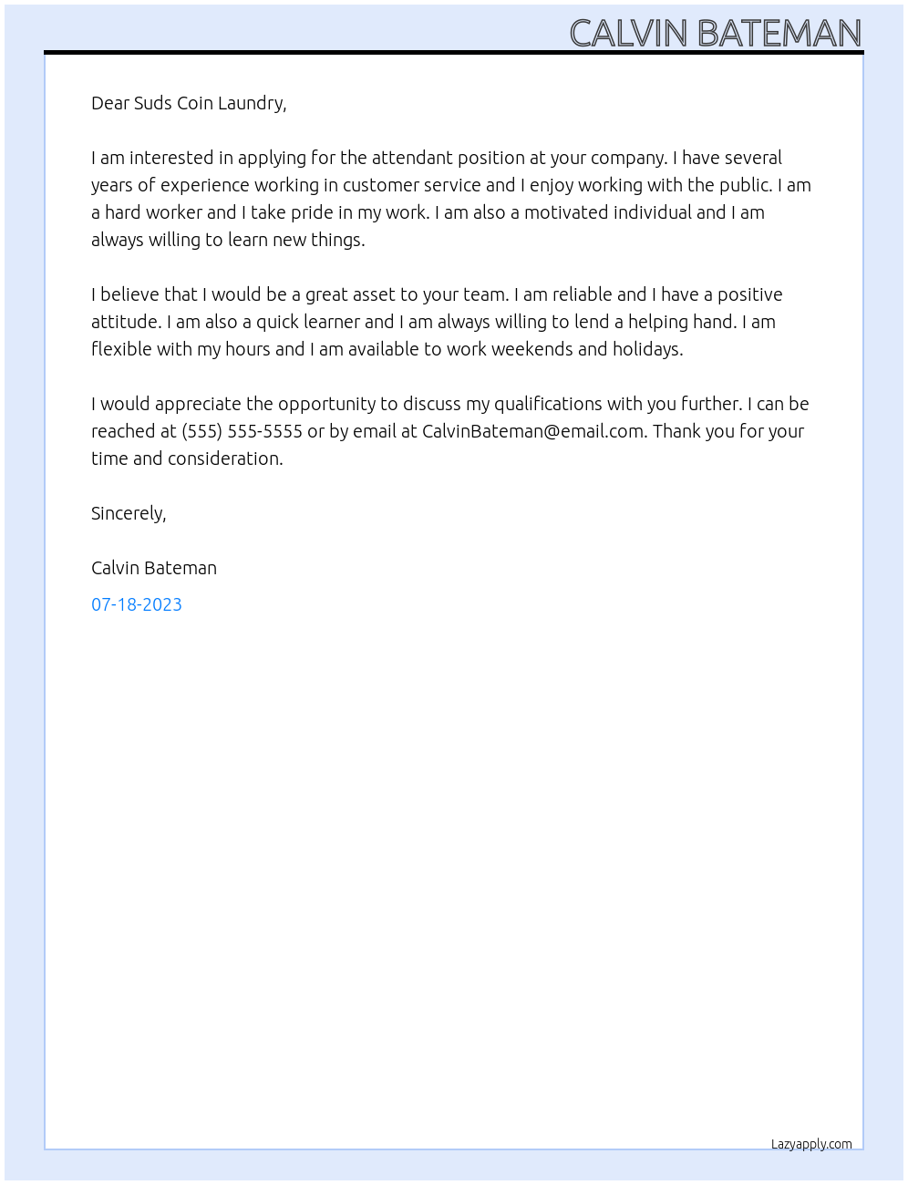 Attendant At Suds Coin Laundry Cover Letter