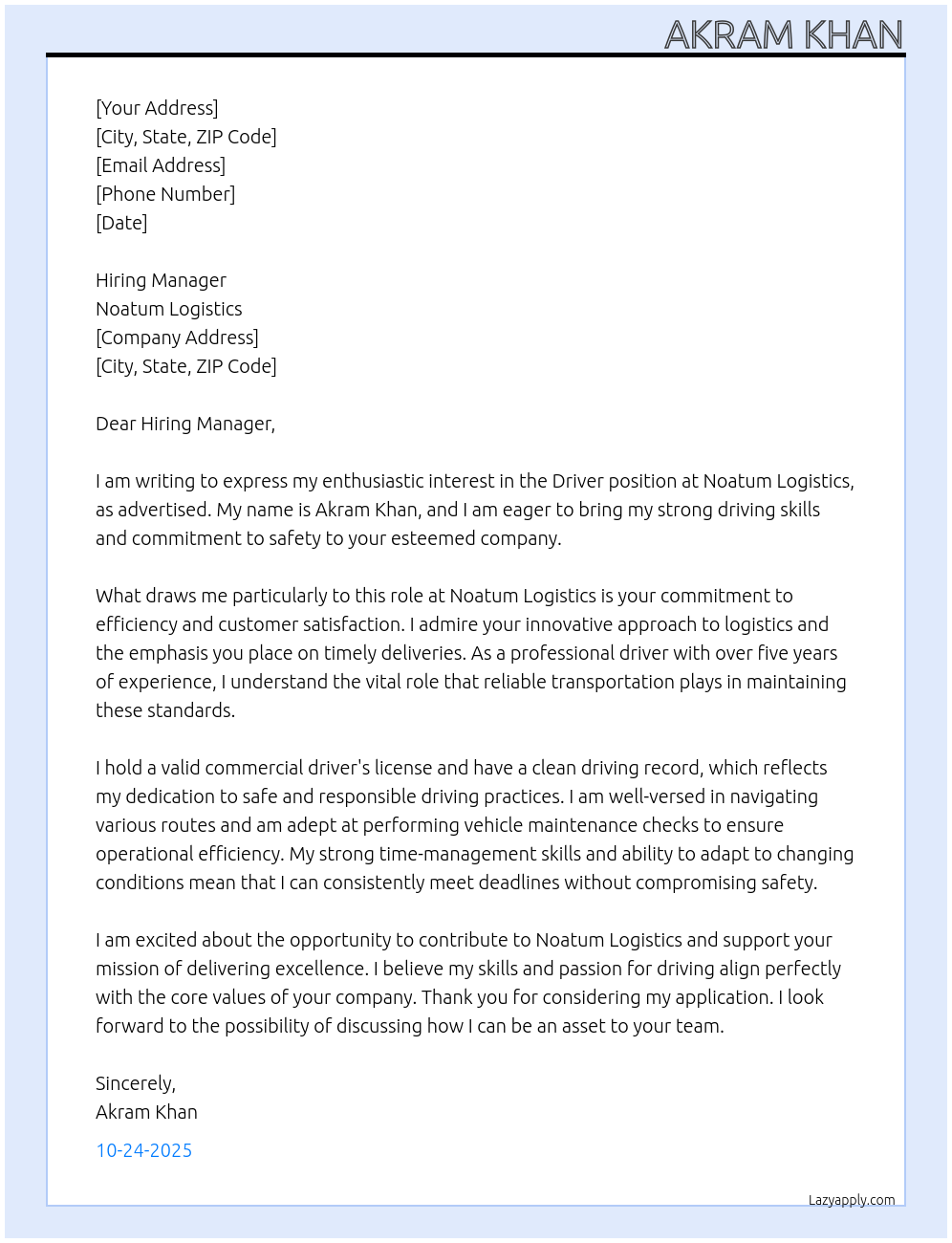 Driver At Noatum Logistics Cover Letter