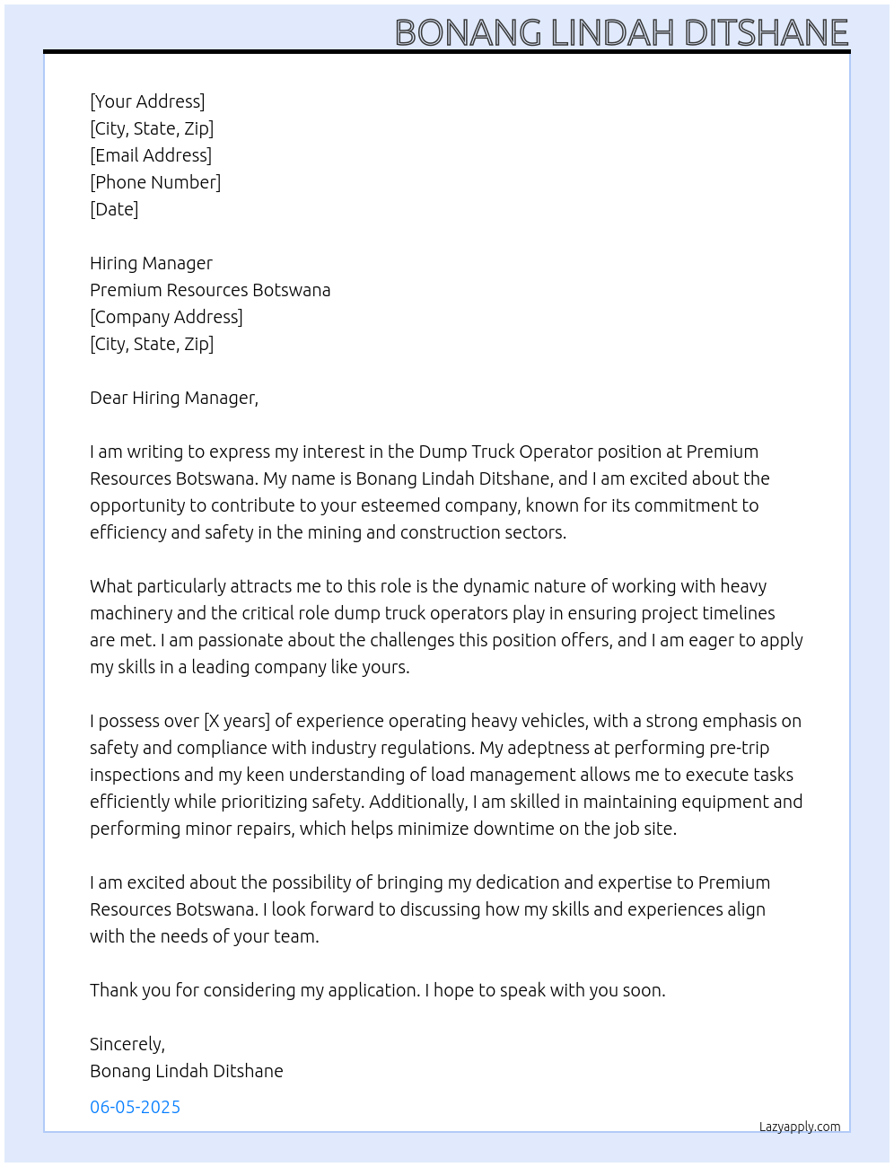 Cover letter for dump truck operator - LazyApply