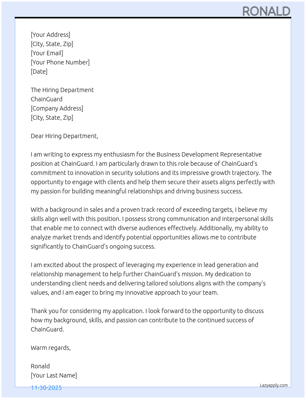 Cover letter for business development representative - LazyApply