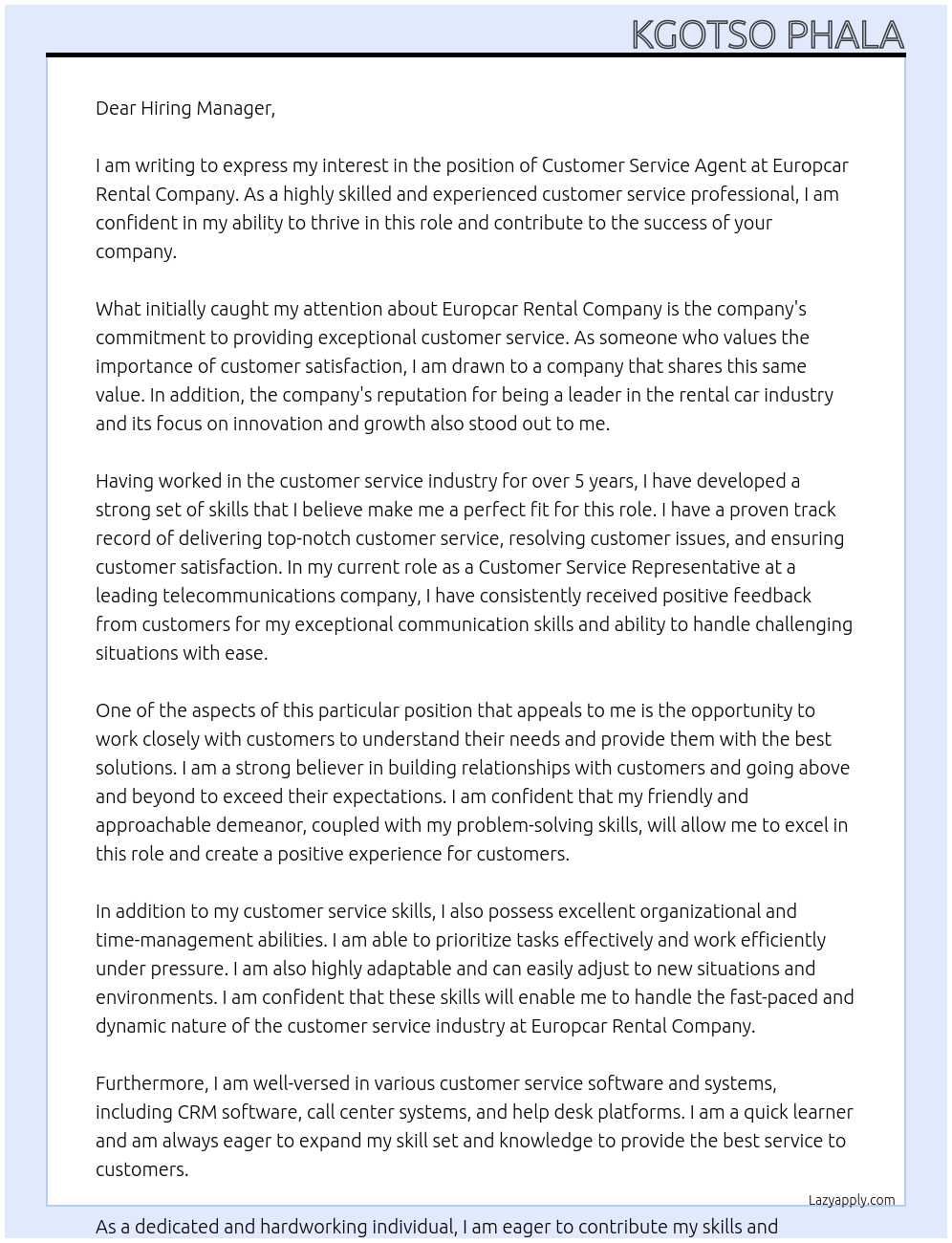 Customer Service Agent At Europcar Rental Company Cover Letter