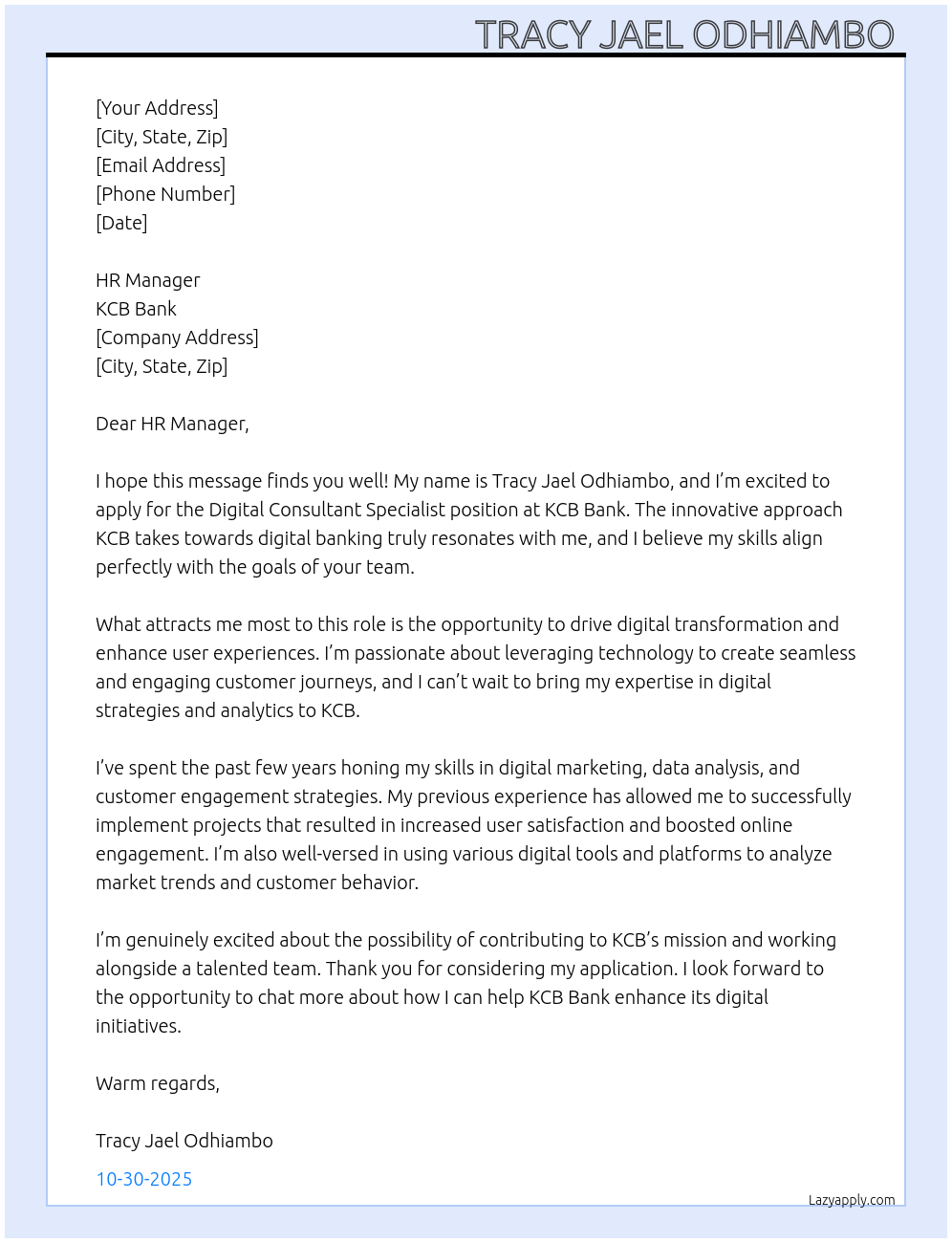 Digital consultant specialist At KCB BANK Cover Letter