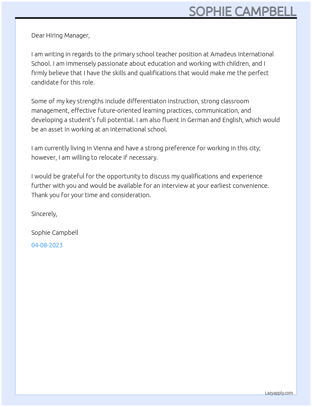 Primary school teacher At Amadeus international school Cover Letter