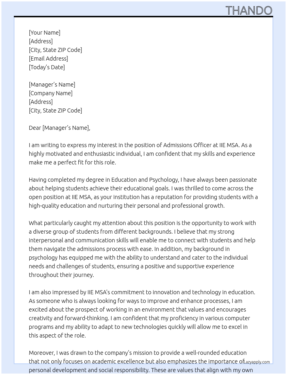 admissions officer At IIE MSA Cover Letter