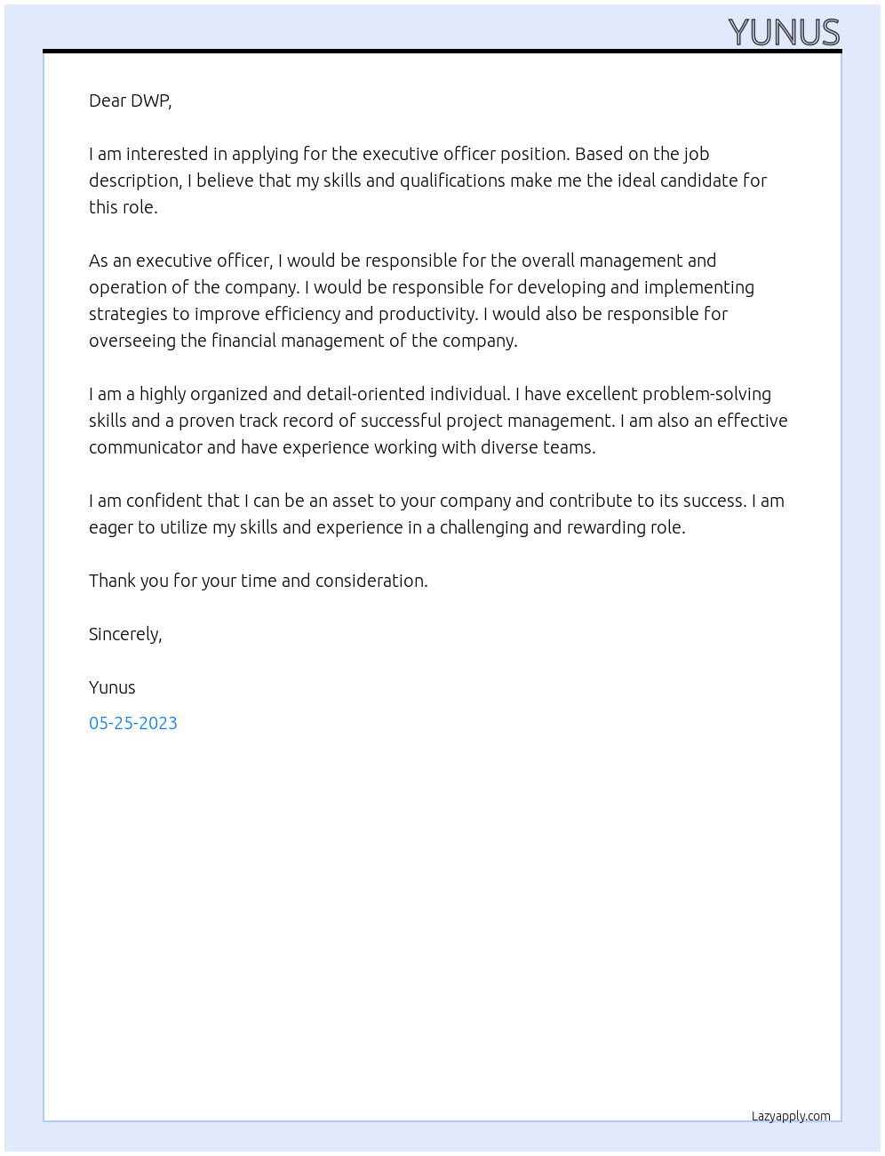 Executive officer At DWP Cover Letter