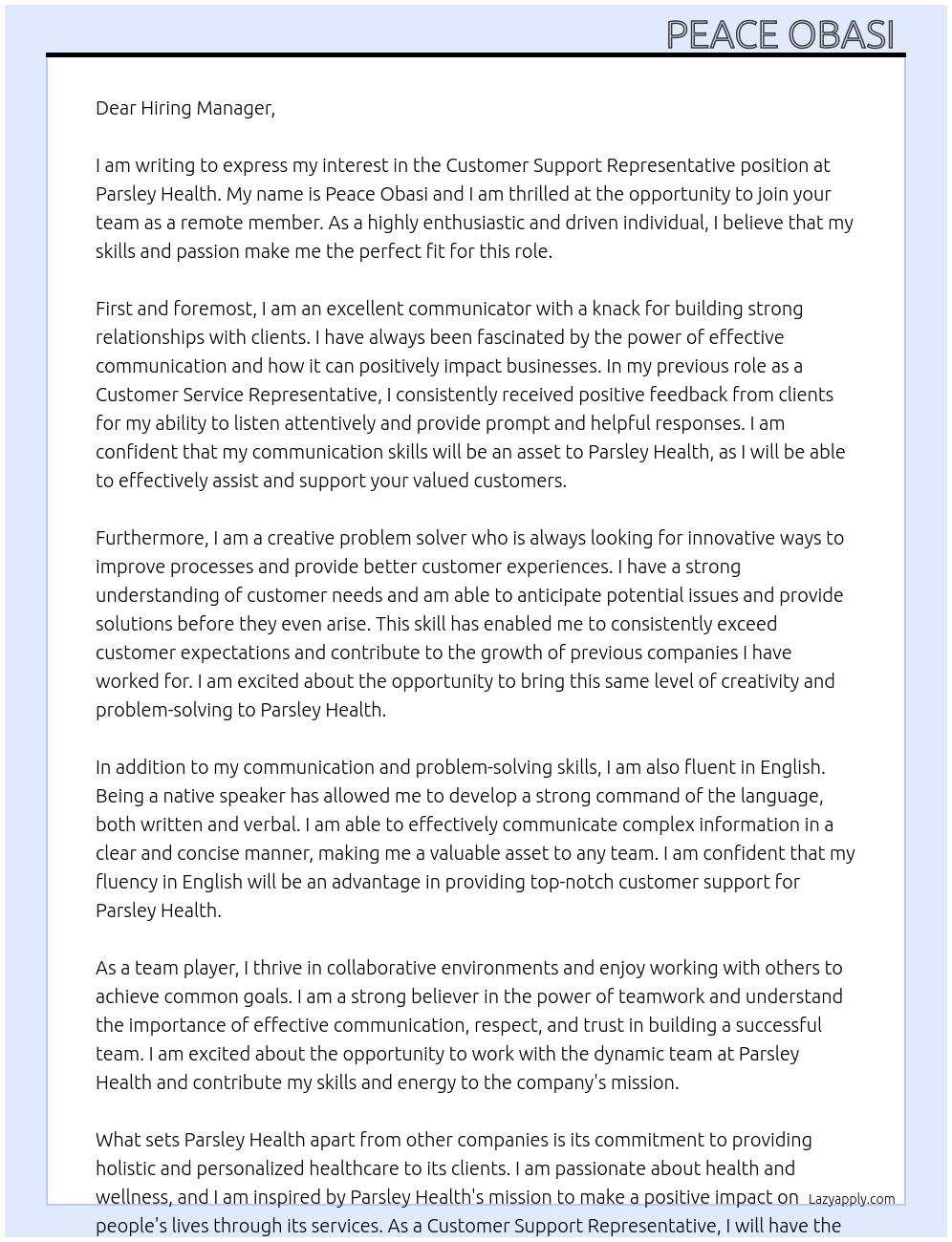 Customer Support Representative  At Parsley Health  Cover Letter