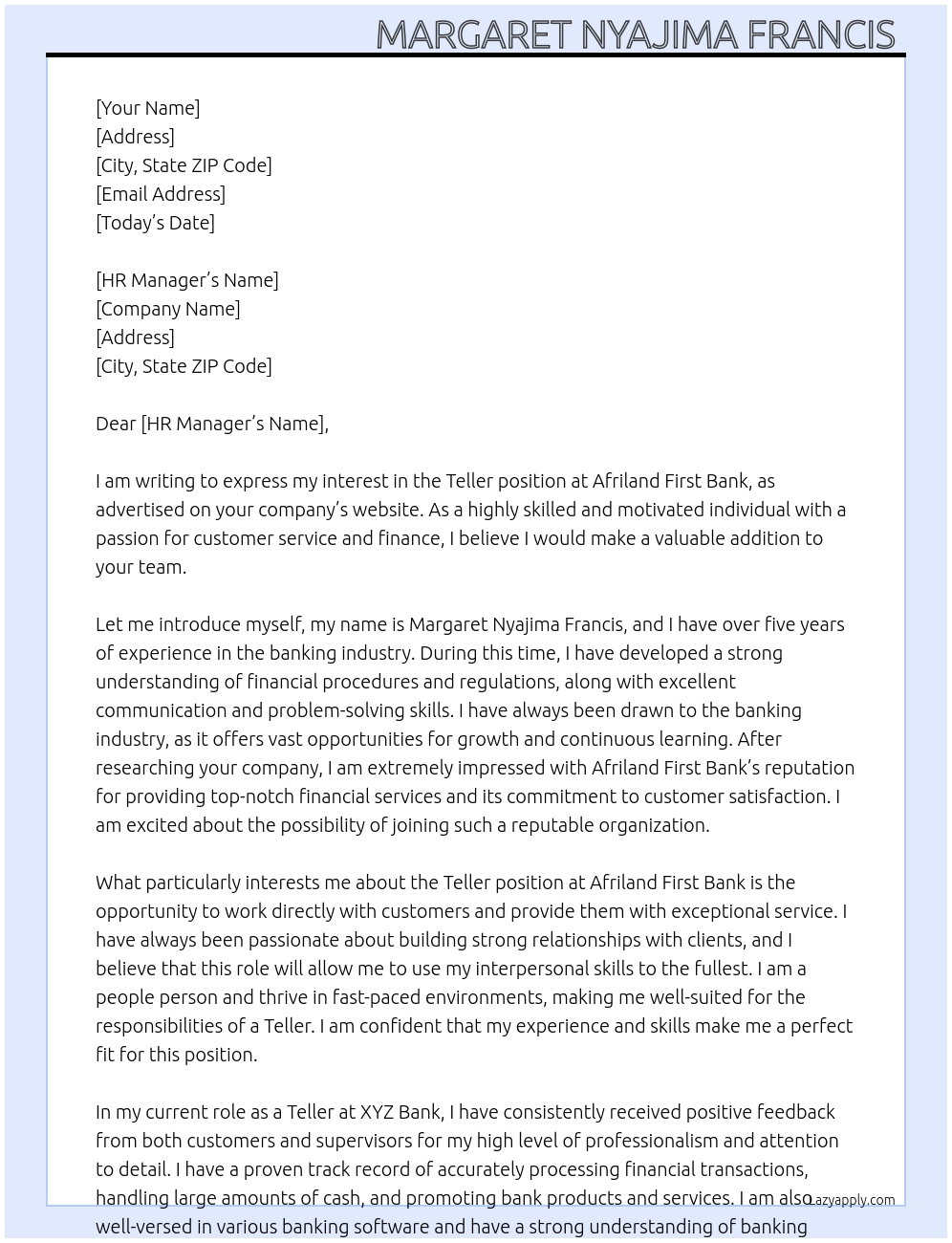 teller At Afriland first bank Cover Letter