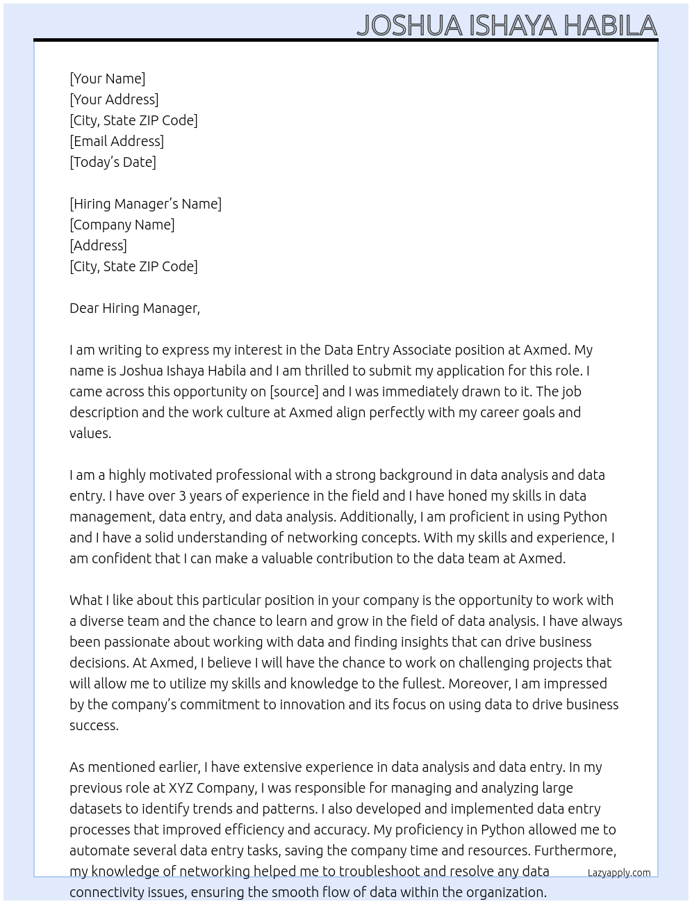 Data Entry Associate At Axmed Cover Letter