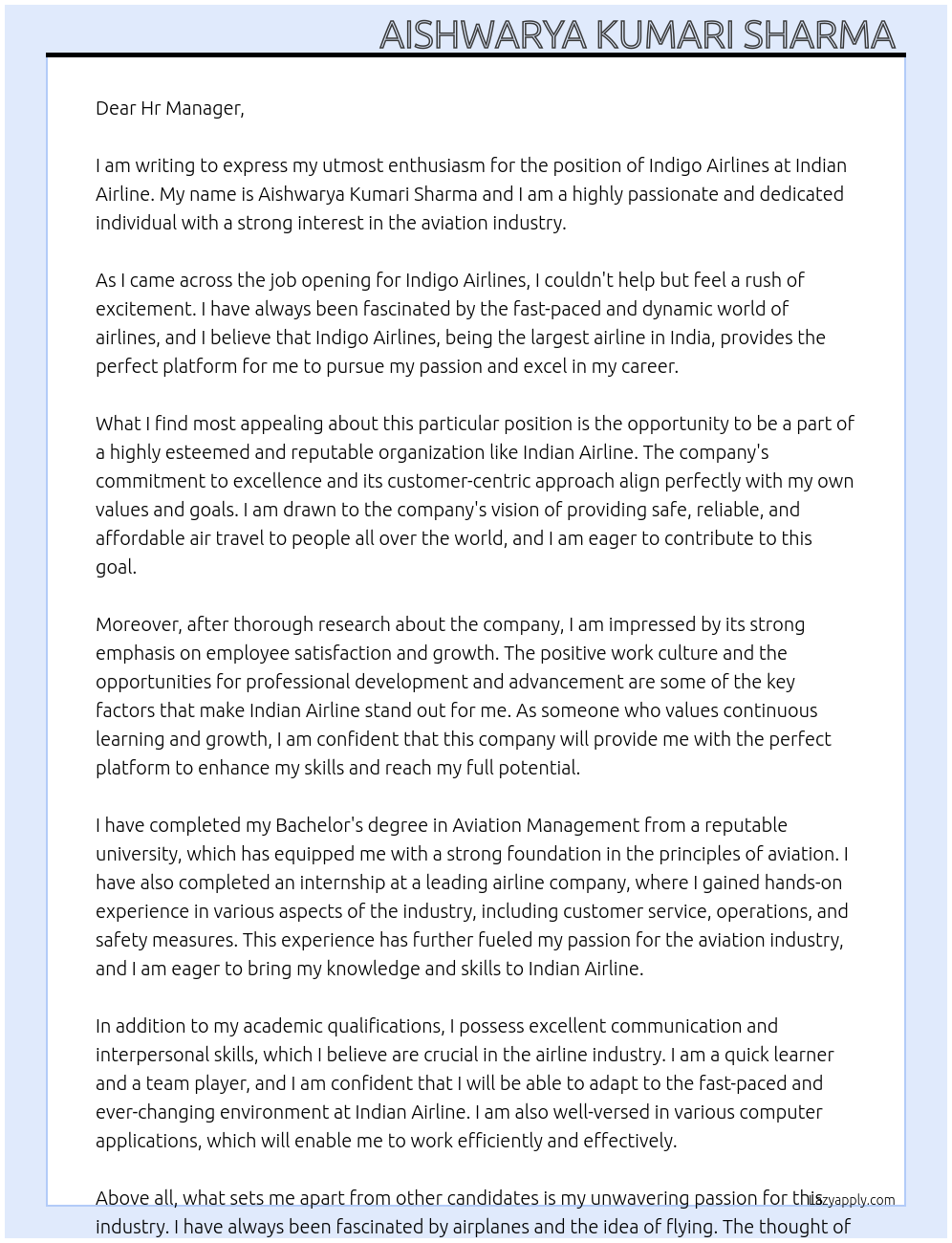 Indigo Airlines At Indian Airline Cover Letter