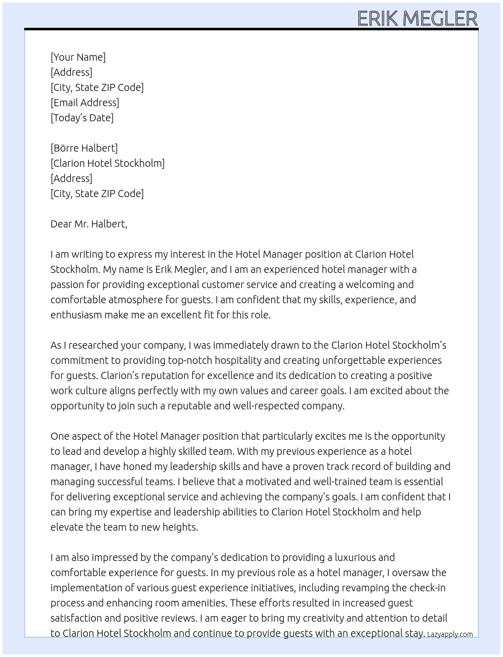 Hotel Manager At Clarion Hotel Stockholm Cover Letter
