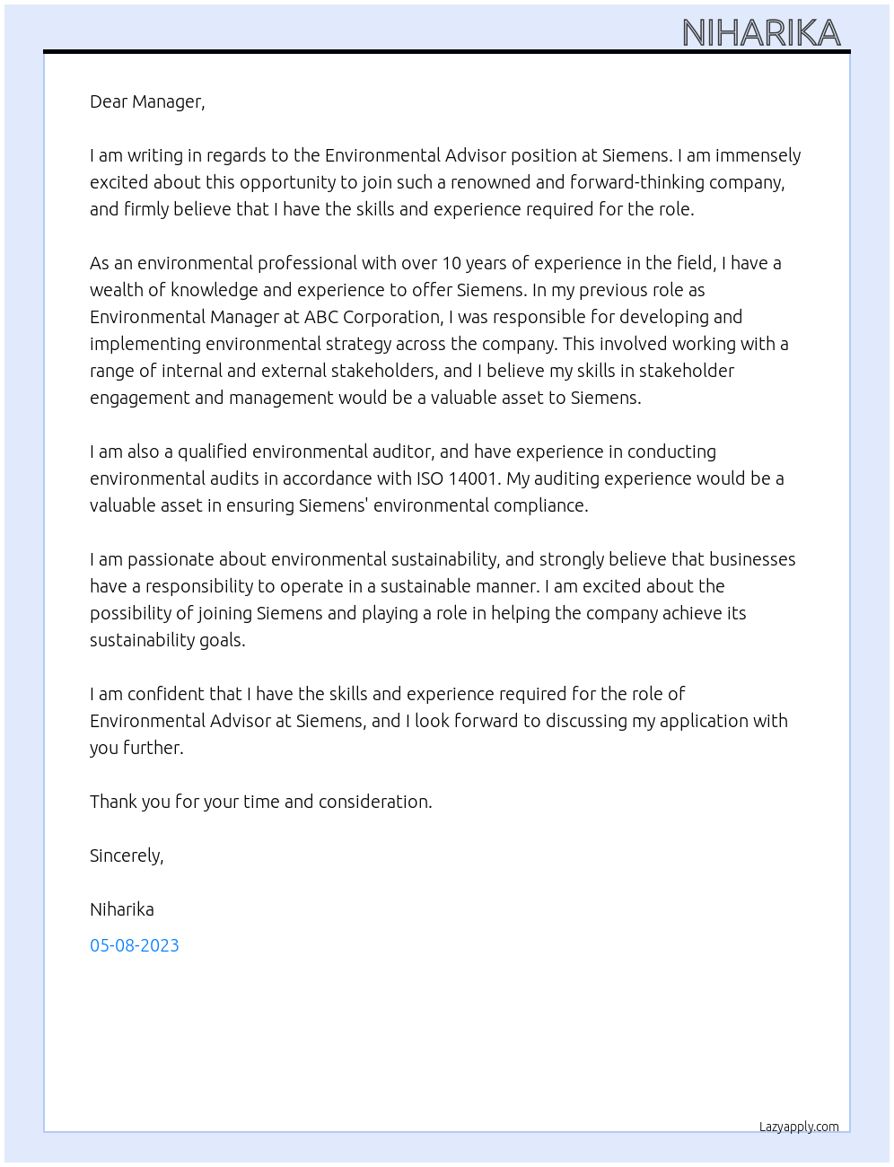 Environmental Advisor At Siemens Cover Letter