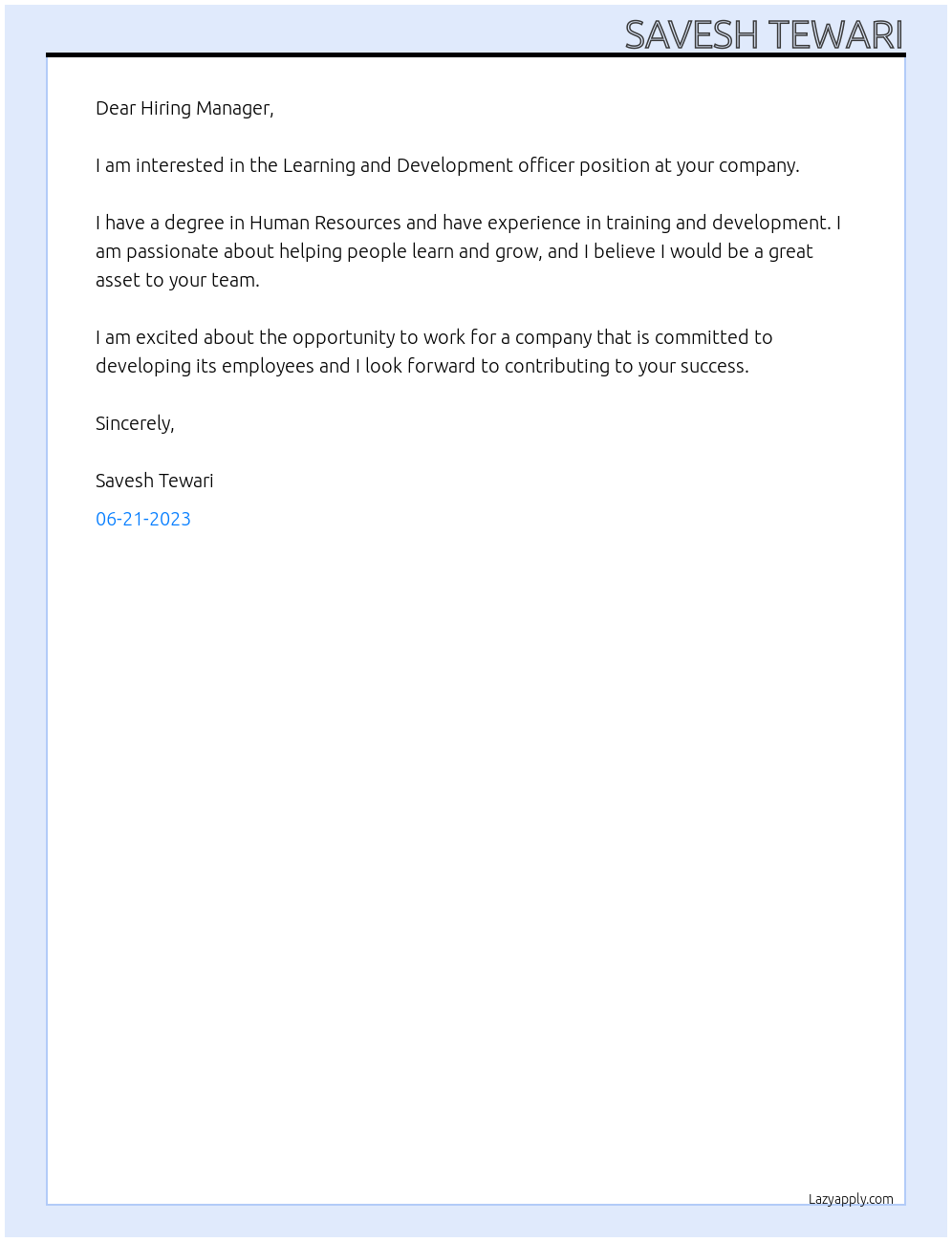 Learning and Development  officer At your company Cover Letter