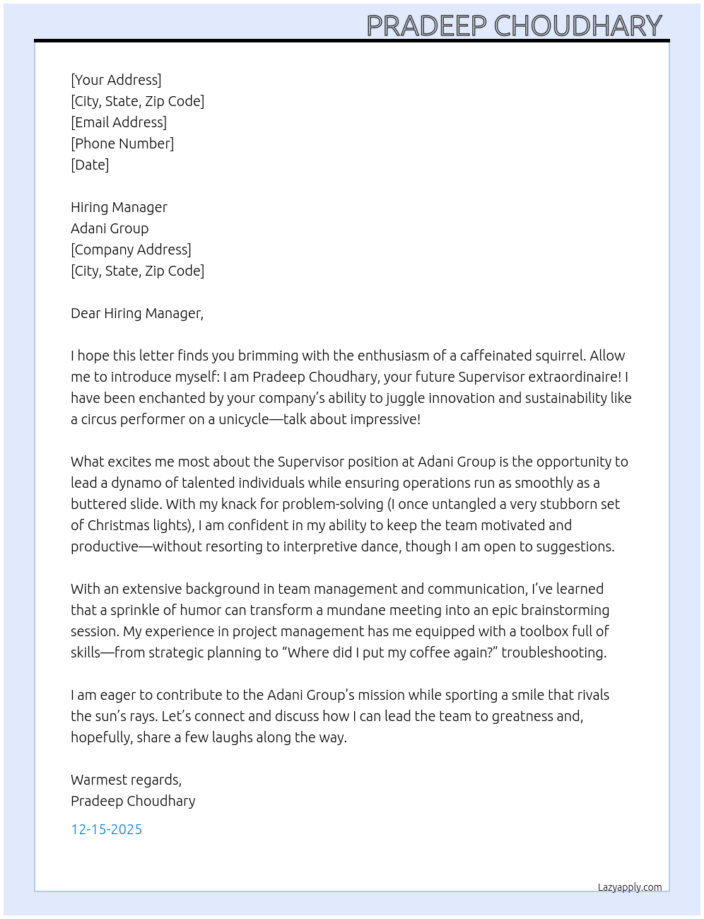 Supervisor At Adani group Cover Letter