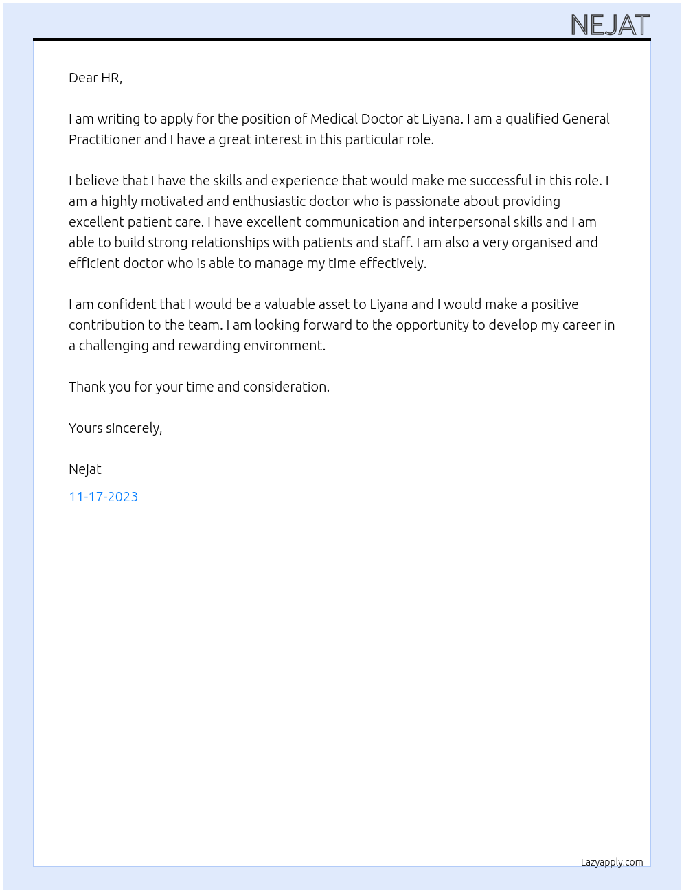 Medical doctor At Liyana Cover Letter