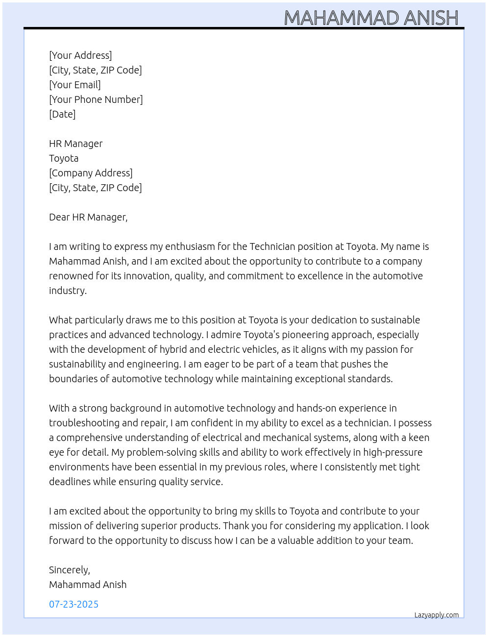 technician At Toyota Cover Letter