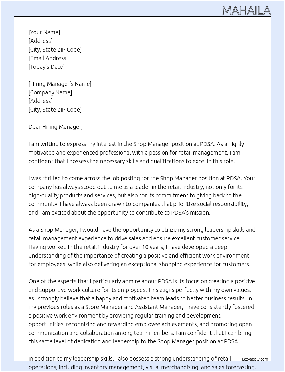 Shop manager At PDSA Cover Letter