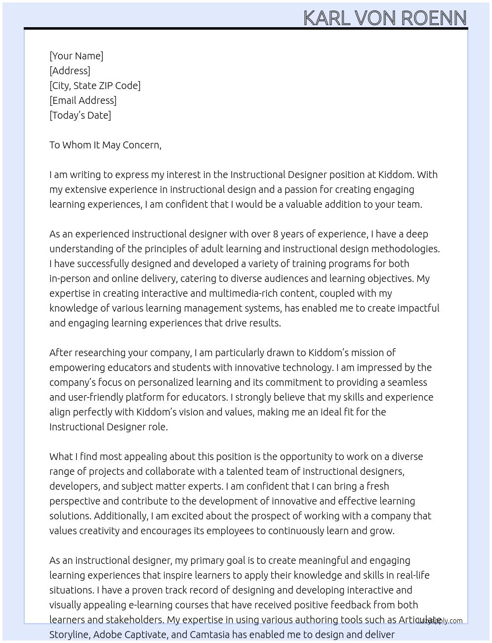 Instructional Designer At Kiddom Cover Letter