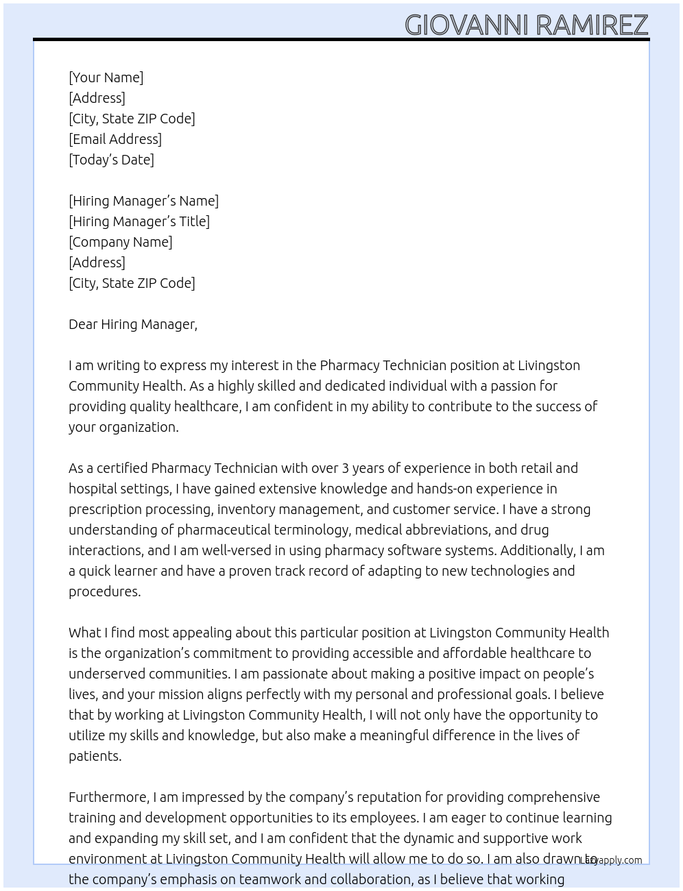 Pharmacy Technician At Livingston Community Health Cover Letter