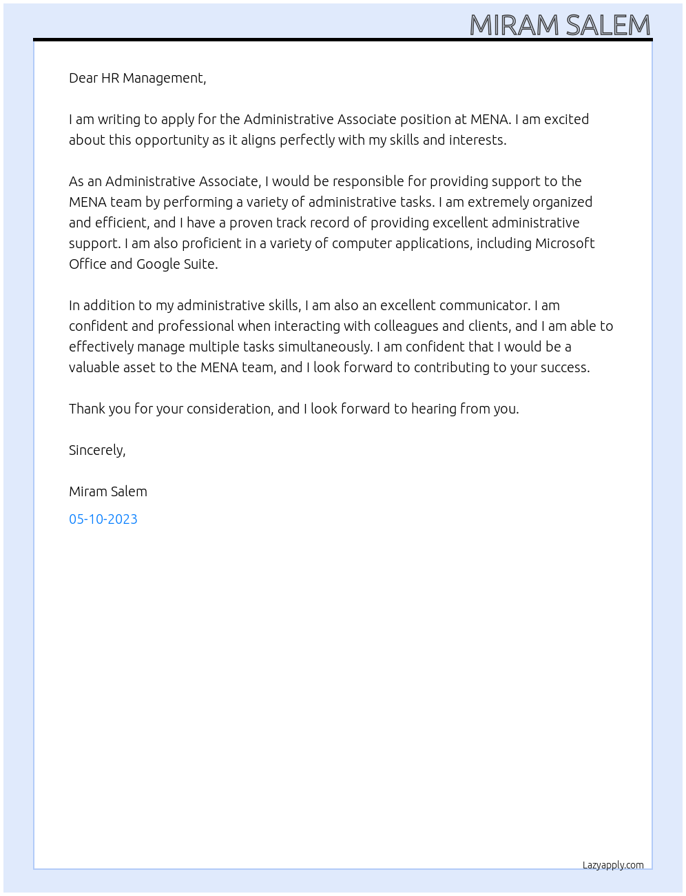 Administrative associate At MENA Cover Letter