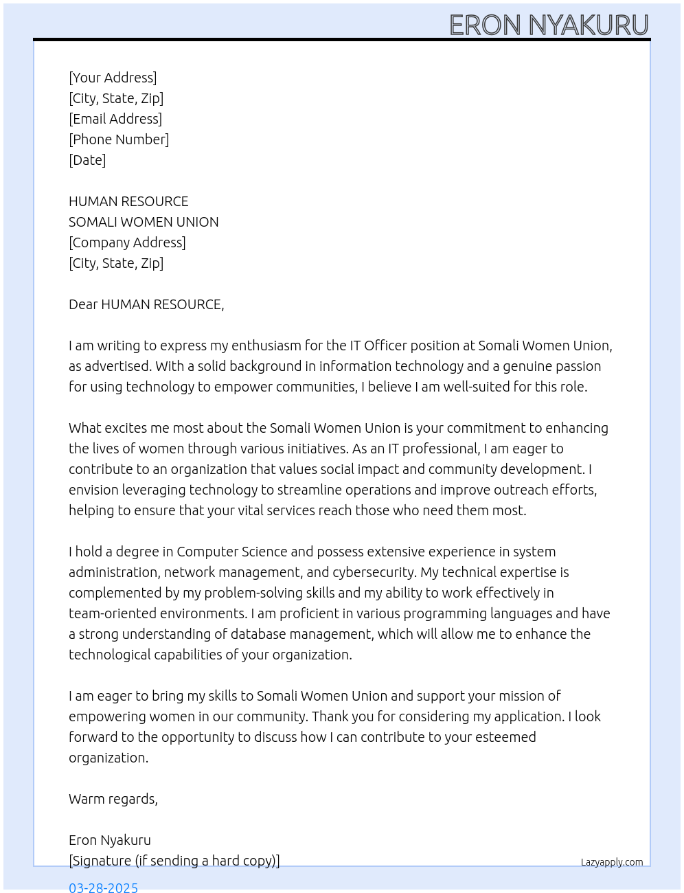 IT OFFICER At SOMALI WOMEN UNION Cover Letter