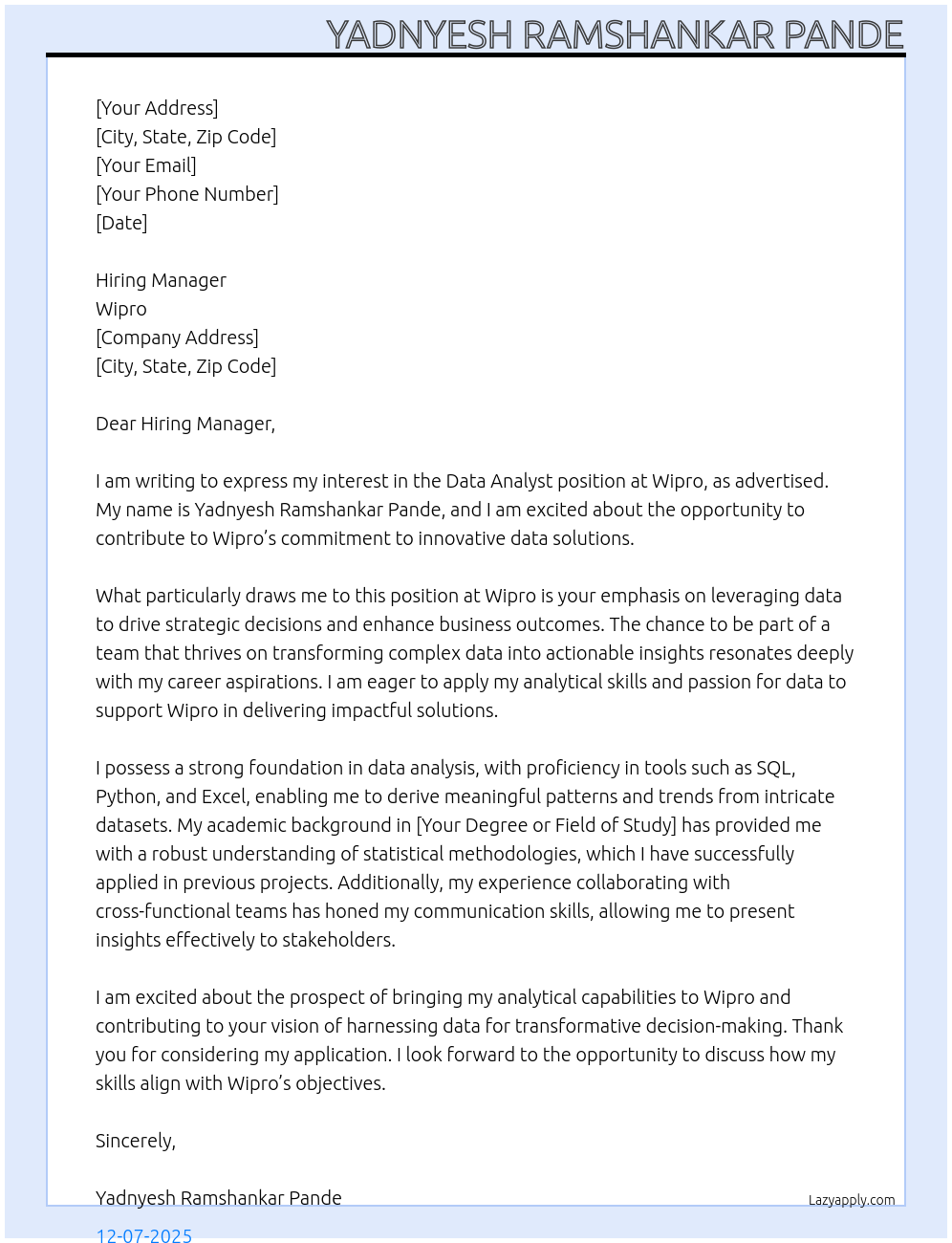 Data Analyst At Wipro Cover Letter