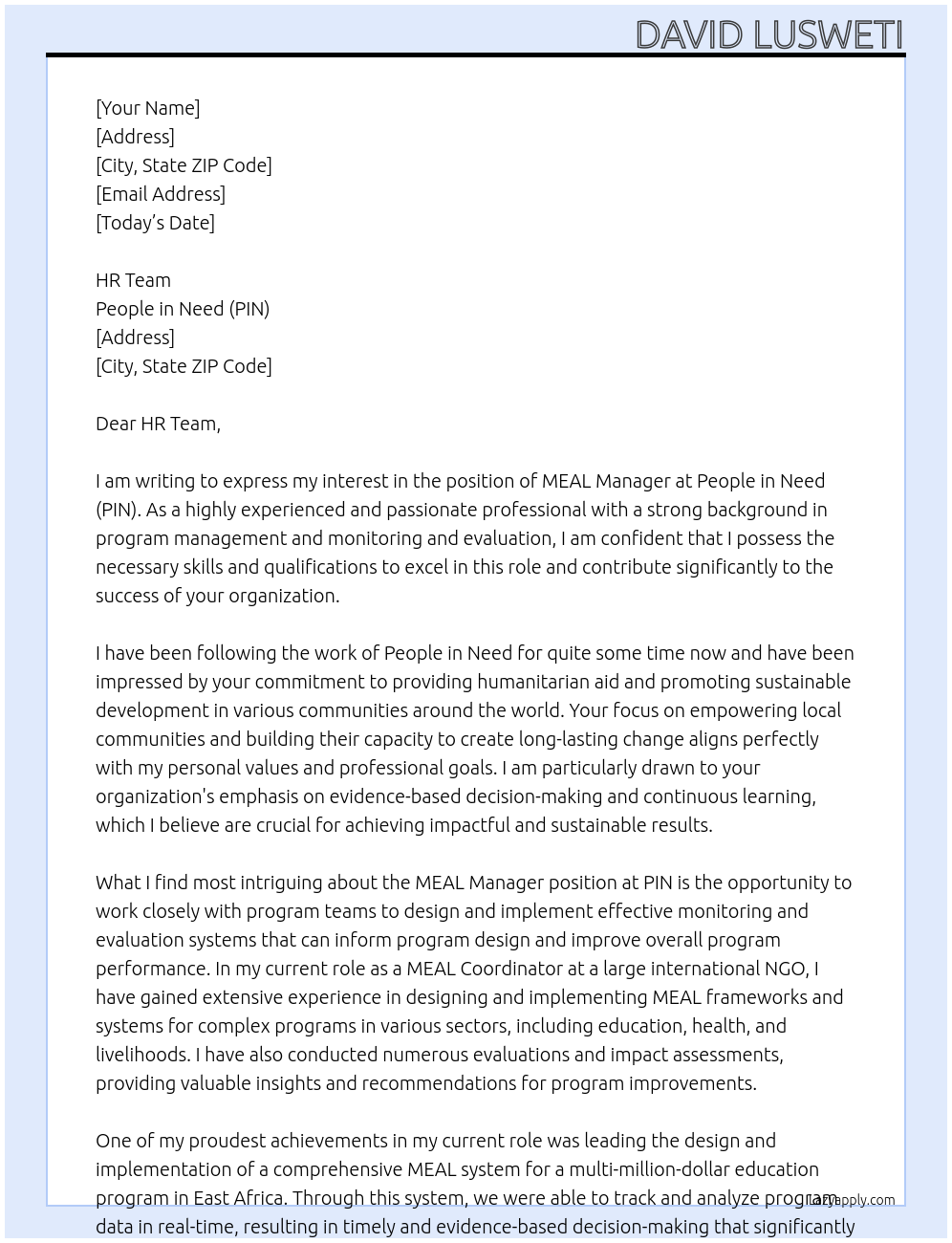 MEAL Manager At People in Need (PIN) Cover Letter